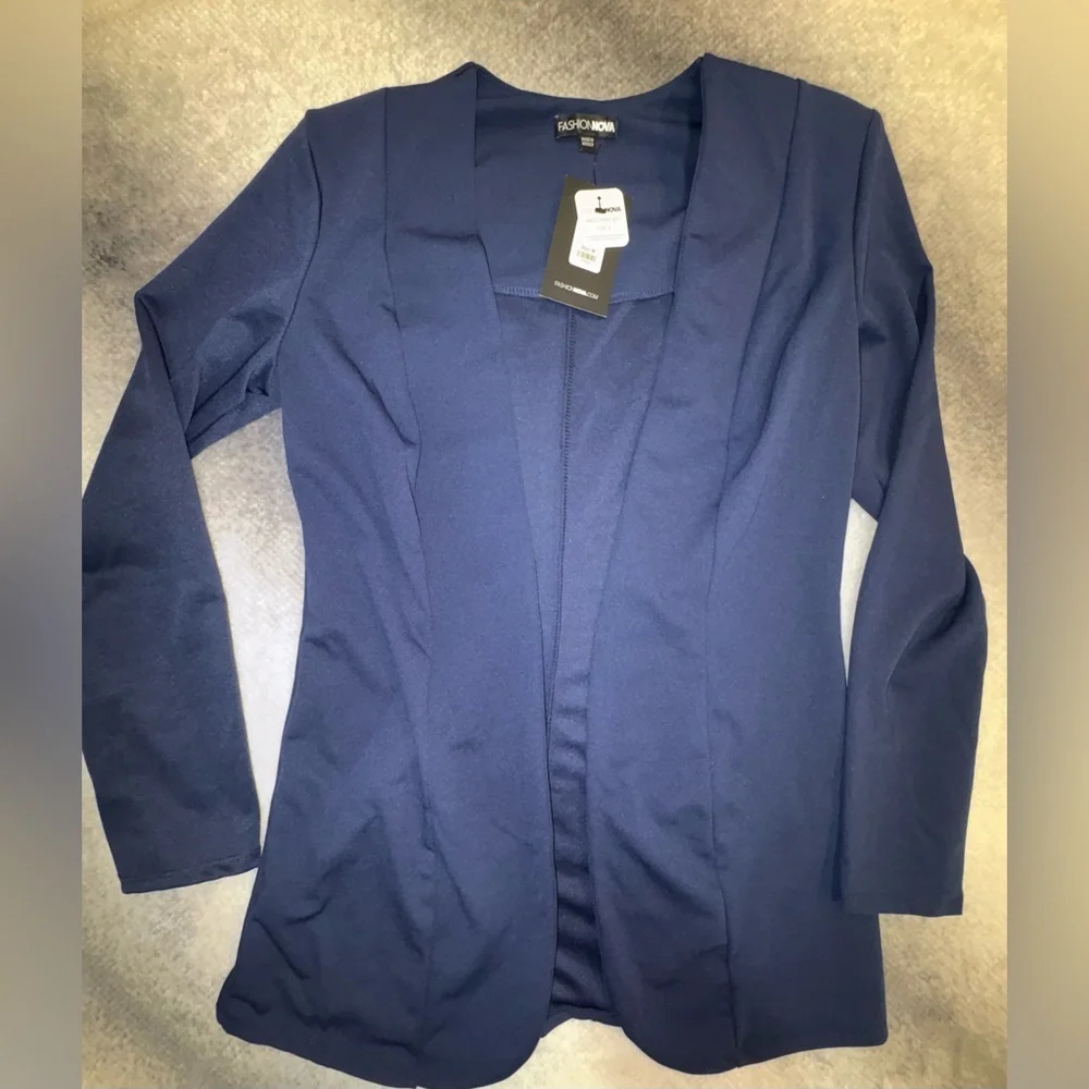 (B4) NWT Fashion Nova Navy Blue‎ Shoulder Pad Career Open Blazer Jacket M